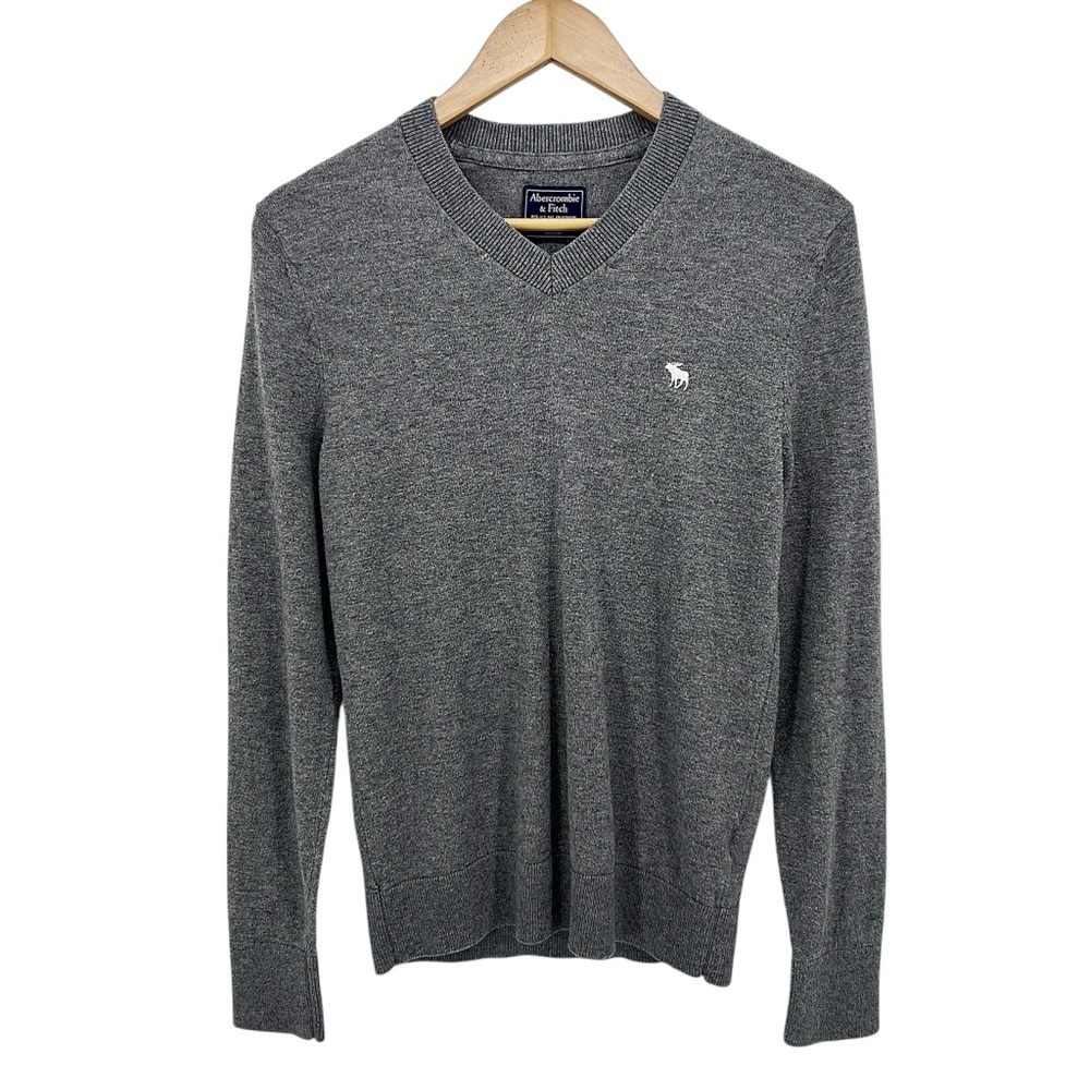 Abercrombie & Fitch Y2K Mens Wool Cotton Blend V Neck Sweater Sz XS Gray Logo